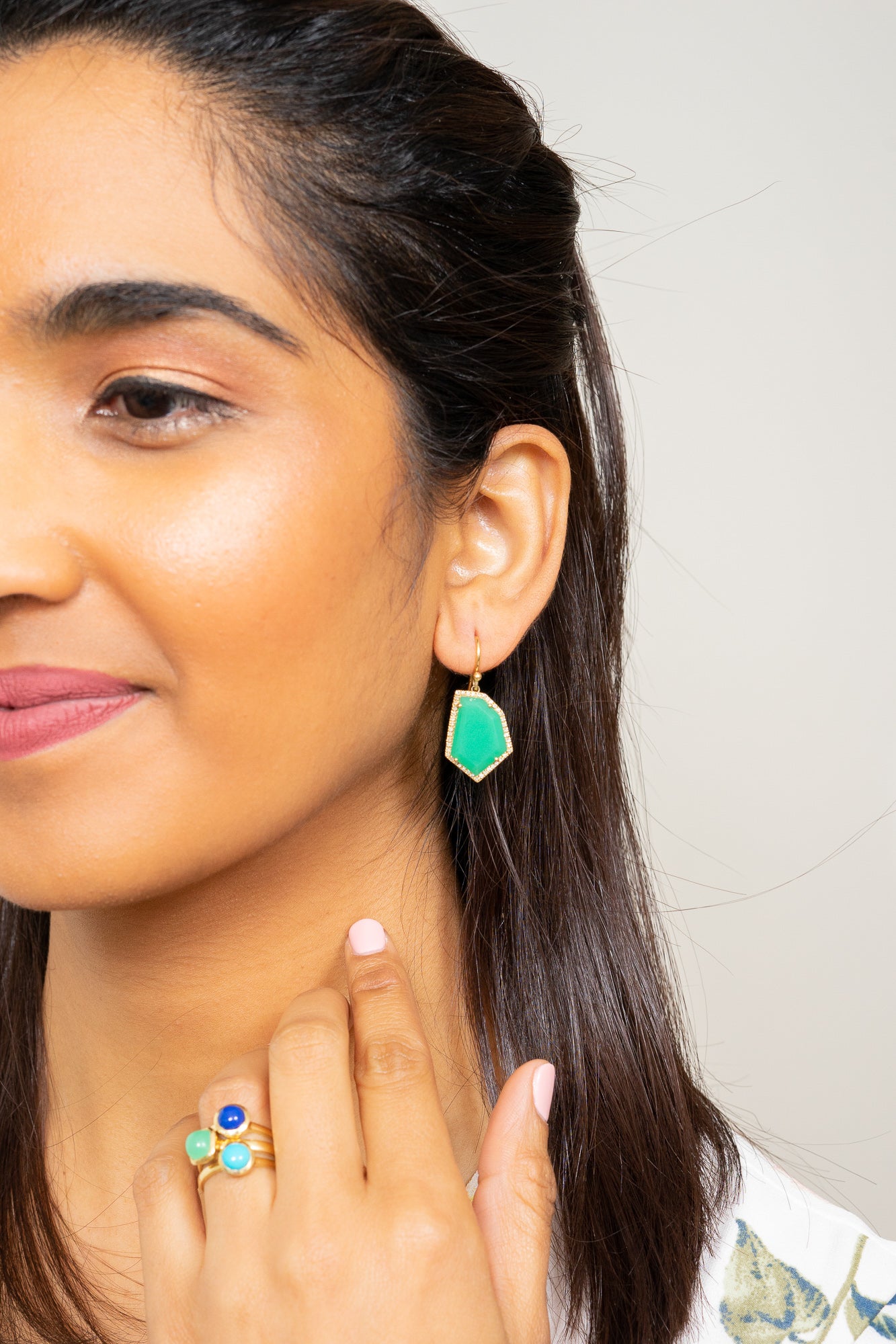 chrysoprase and diamond pave gold earrings Janna Conner on model with stacking rings