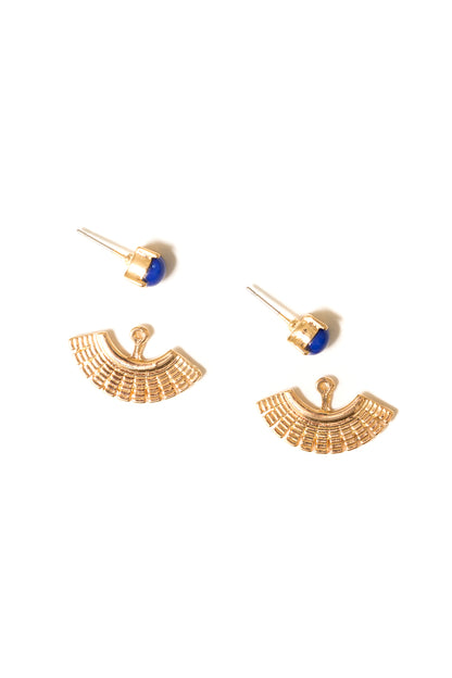 gold ear jackets with Blue stud earrings