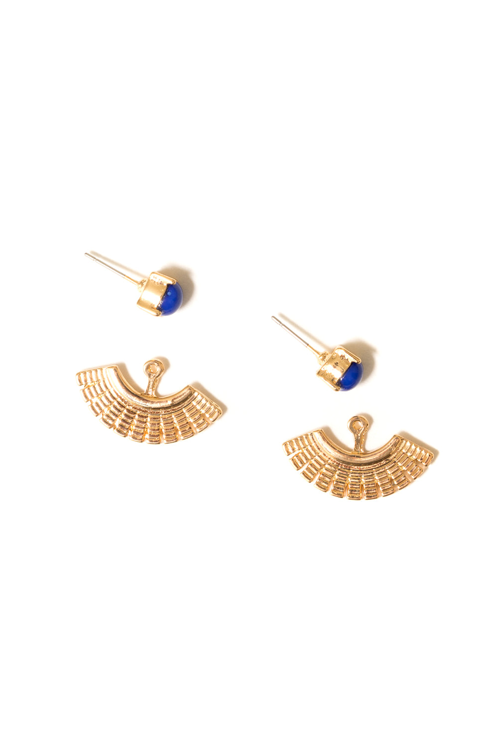 gold ear jackets with Blue stud earrings