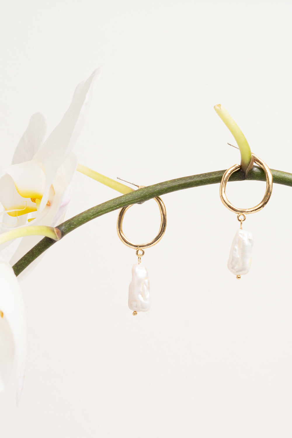 pearl hoop earrings gold on orchid branch