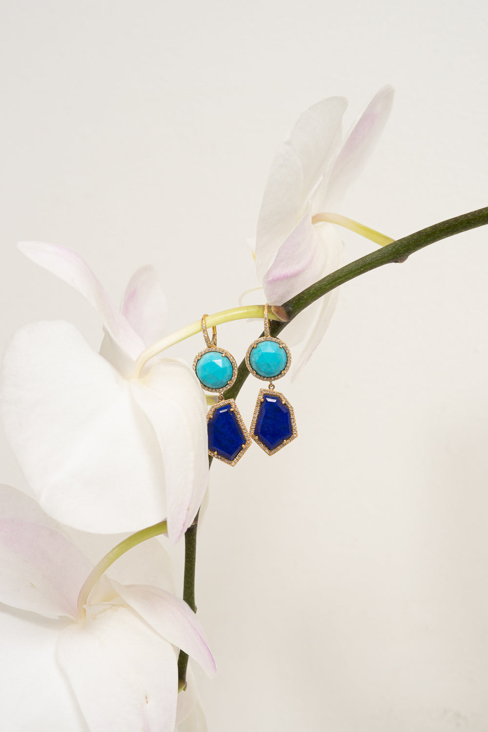 rose cut sleeping beauty turquoise and lapis diamond pave earrings janna Conner on orchid