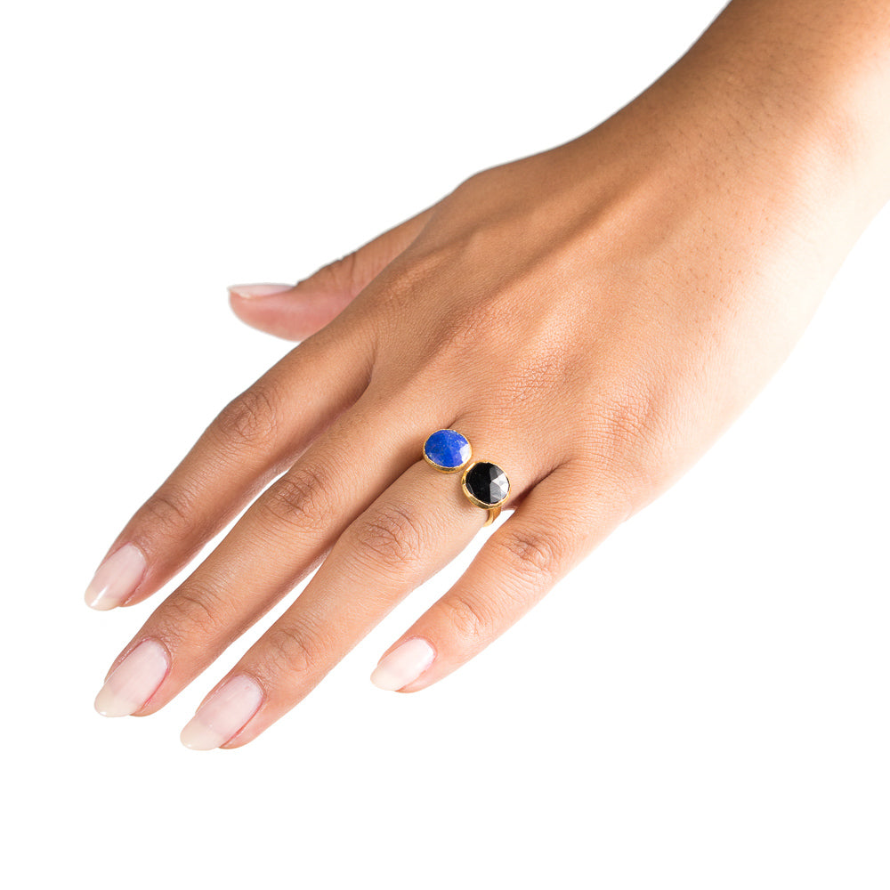 lapis and spinel open ring on hand