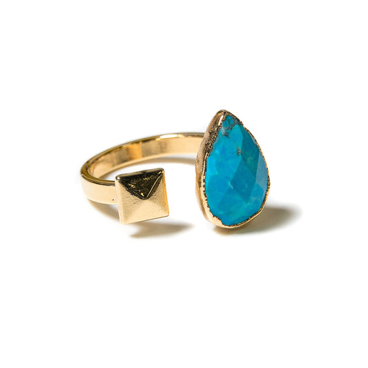 turquoise teardrop open stone ring with gold stud accent