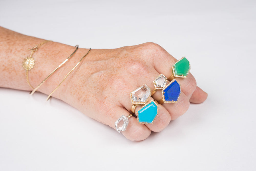 lapis, turquoise, chrysoprase, white topaz and diamond cocktail rings on hand model by Janna Conner