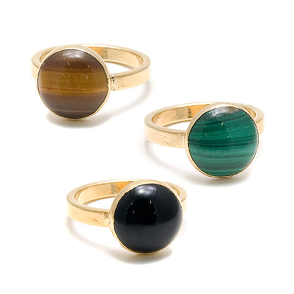 3 gold rings with round stones, onyx, tiger eye and malachite