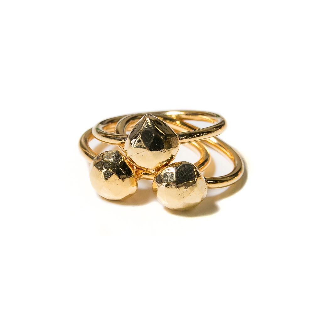 gold pyrite faceted teardrop stacking rings