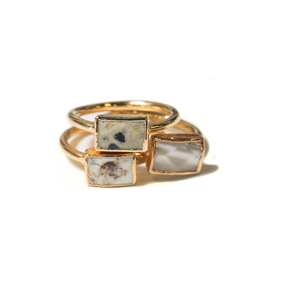 picture jasper, lemon chrysoprase and mother of pearl stacking rings