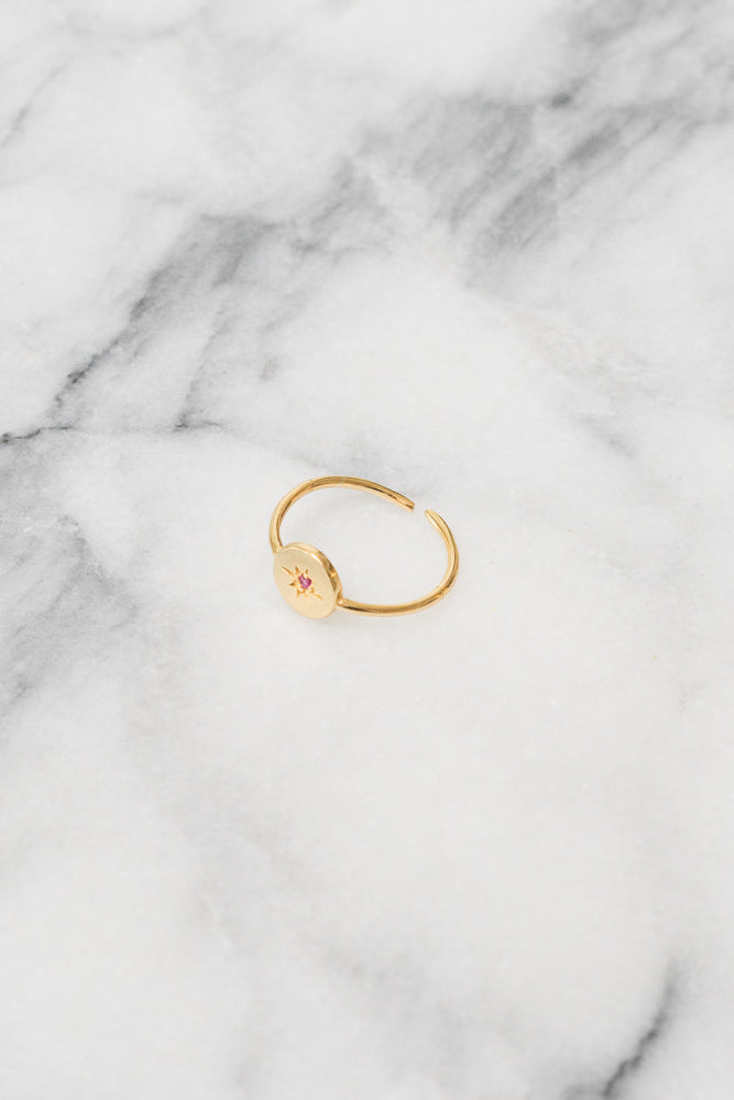 gold small signet ring stacking red cubic zirconia