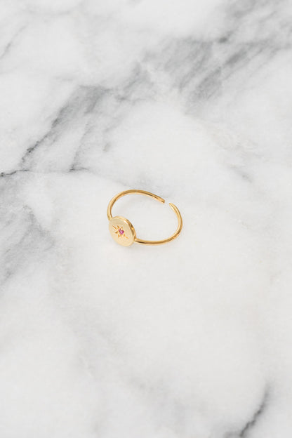 gold small signet ring stacking red cubic zirconia
