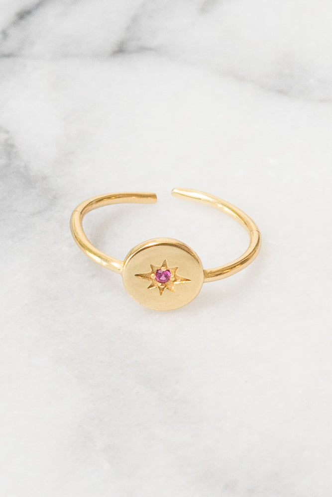 gold small signet ring stacking red cubic zirconia