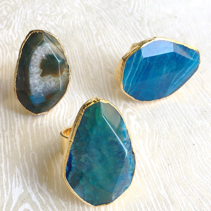 blue agate gold cocktail rings